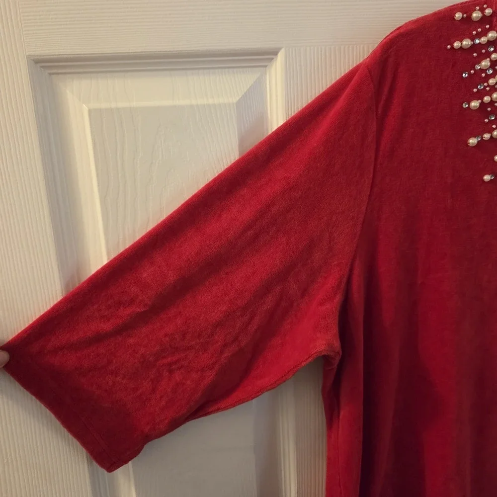 Quacker Factory sz 2X red velour/fleece pearl embellished top‎ NWT holiday